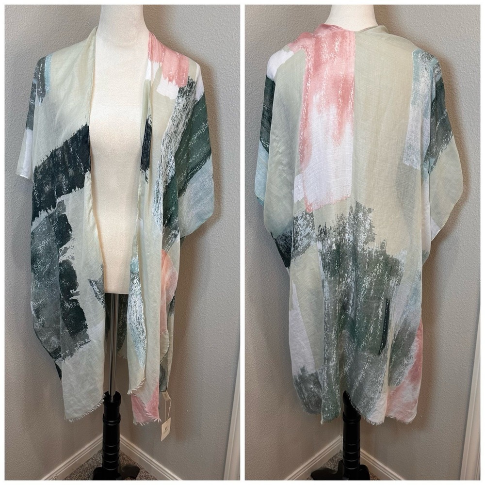 Fadivo New York Green Pink Abstract Sheer Open Front Cardigan NWT Shawl Topper‎